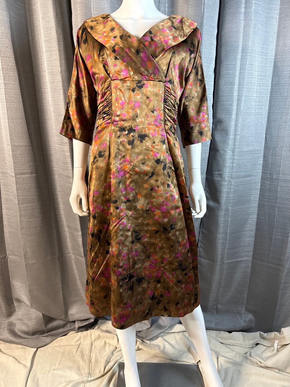 Vintage 50s Autumn Watercolor Print Silk Cocktail Dress Sz M